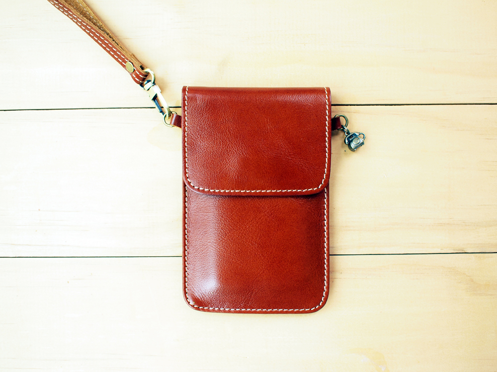 iPhone case, Leather bag with hand strap, Natural Brown
