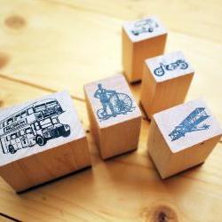 Wooden Rubber Stamp Box, Vintage Vehicle set
