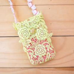 iPhone case, Lace bag with Strap, Lime Green and Pink